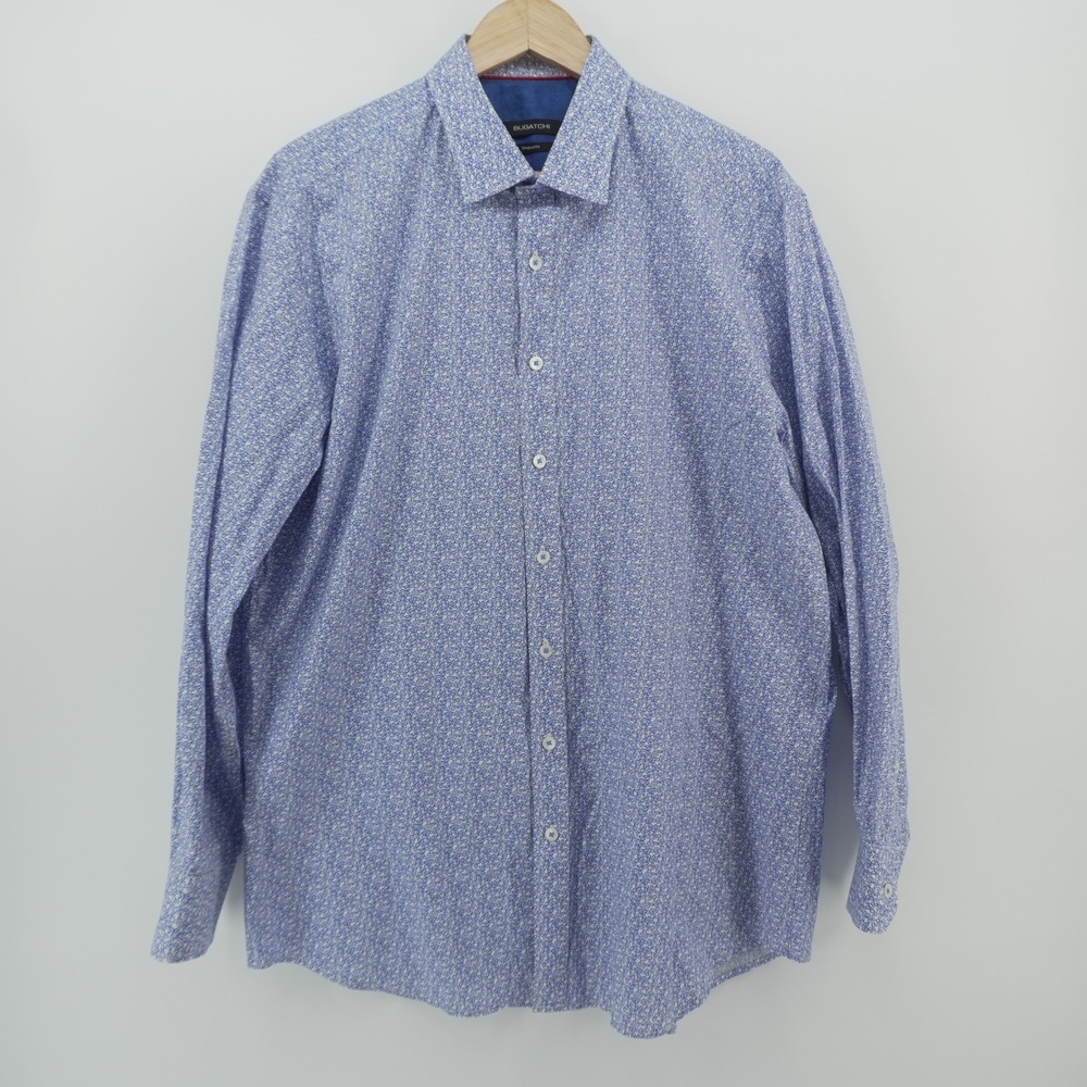 Bugatchi Button Down Shirt Mens XL Blue Floral Shaped Fit Long Sleeve‎ Cotton